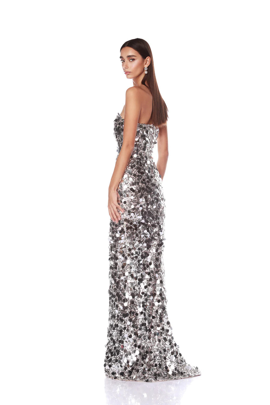 NEW FARAH SILVER STRAPLESS GOWN