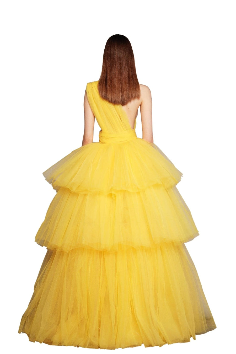 ANNA ONE SHOULDER YELLOW TIERED GOWN