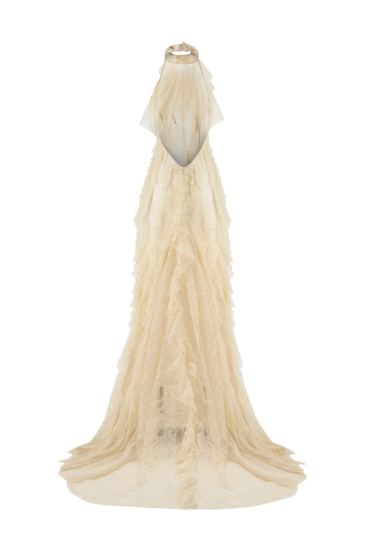 HALTER VERTICAL OPEN BACK RUFFLED MAXI DRESS