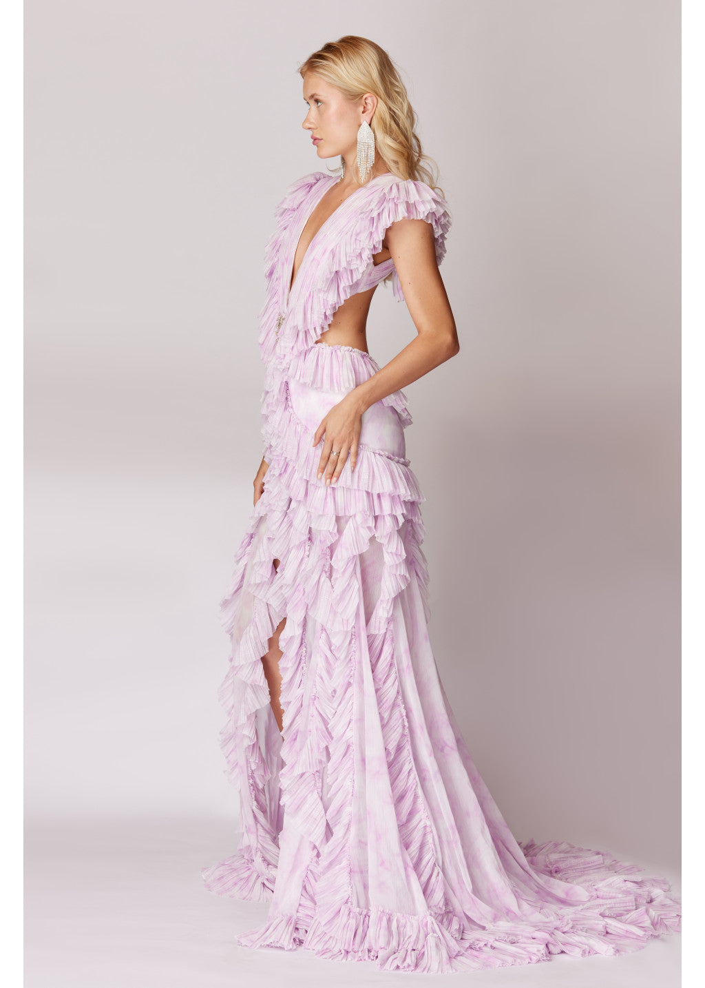 NEW DEGRADE PATTERNED HIGHT SLIT RUFFLED MAXI DRESS