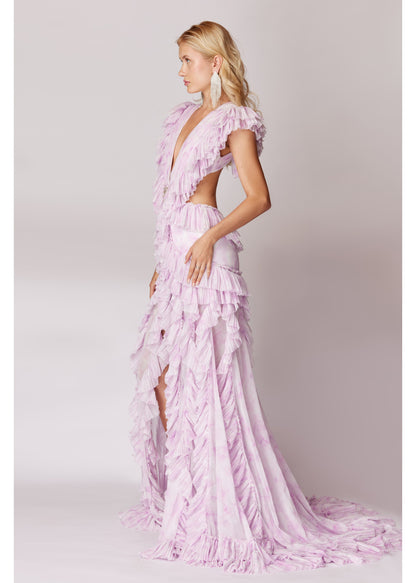 NEW DEGRADE PATTERNED HIGHT SLIT RUFFLED MAXI DRESS