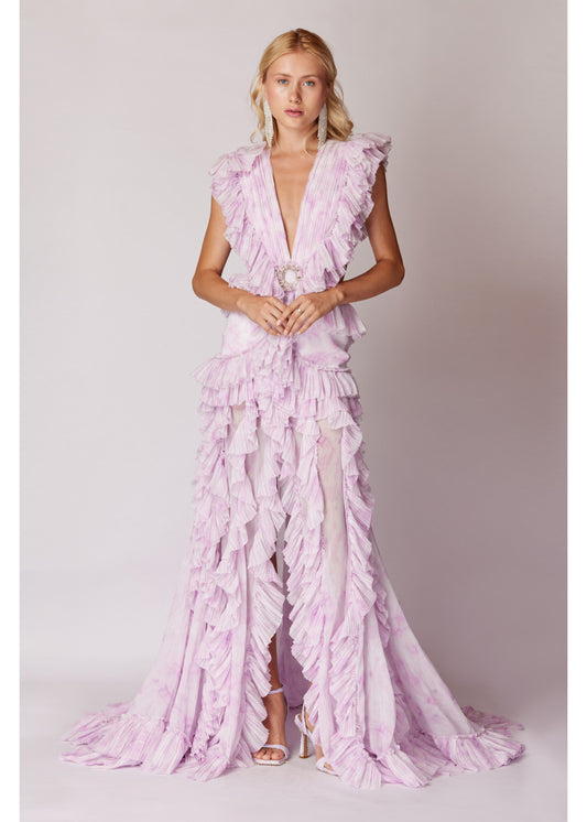 NIEUWE DEGRADE GEVORMDE MAXI-JURK MET HOGE SLIJT EN GERUIST 