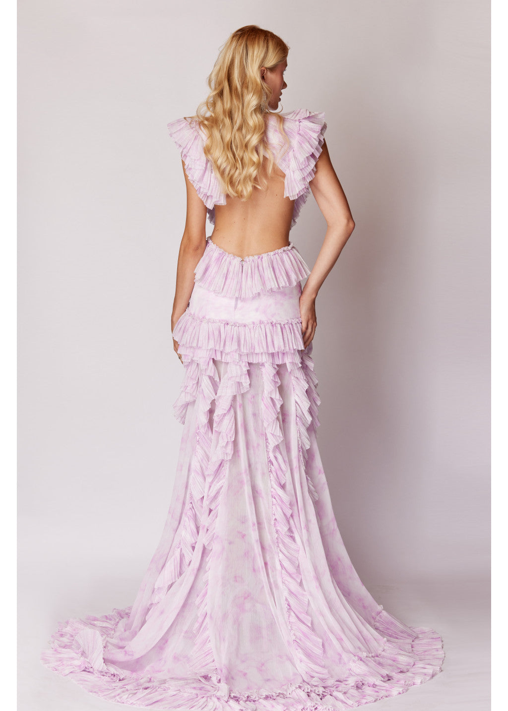 NEW DEGRADE PATTERNED HIGHT SLIT RUFFLED MAXI DRESS