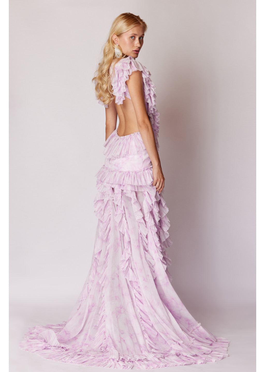 NEW DEGRADE PATTERNED HIGHT SLIT RUFFLED MAXI DRESS