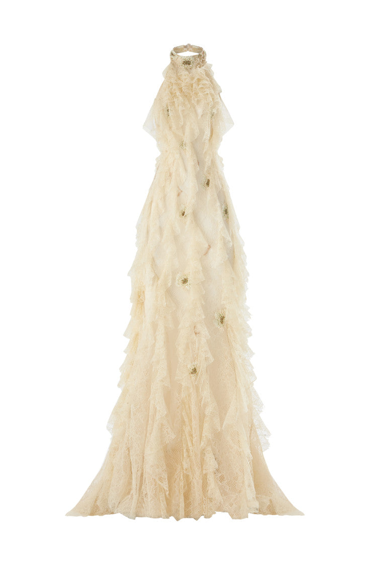 HALTER VERTICAL OPEN BACK RUFFLED MAXI DRESS