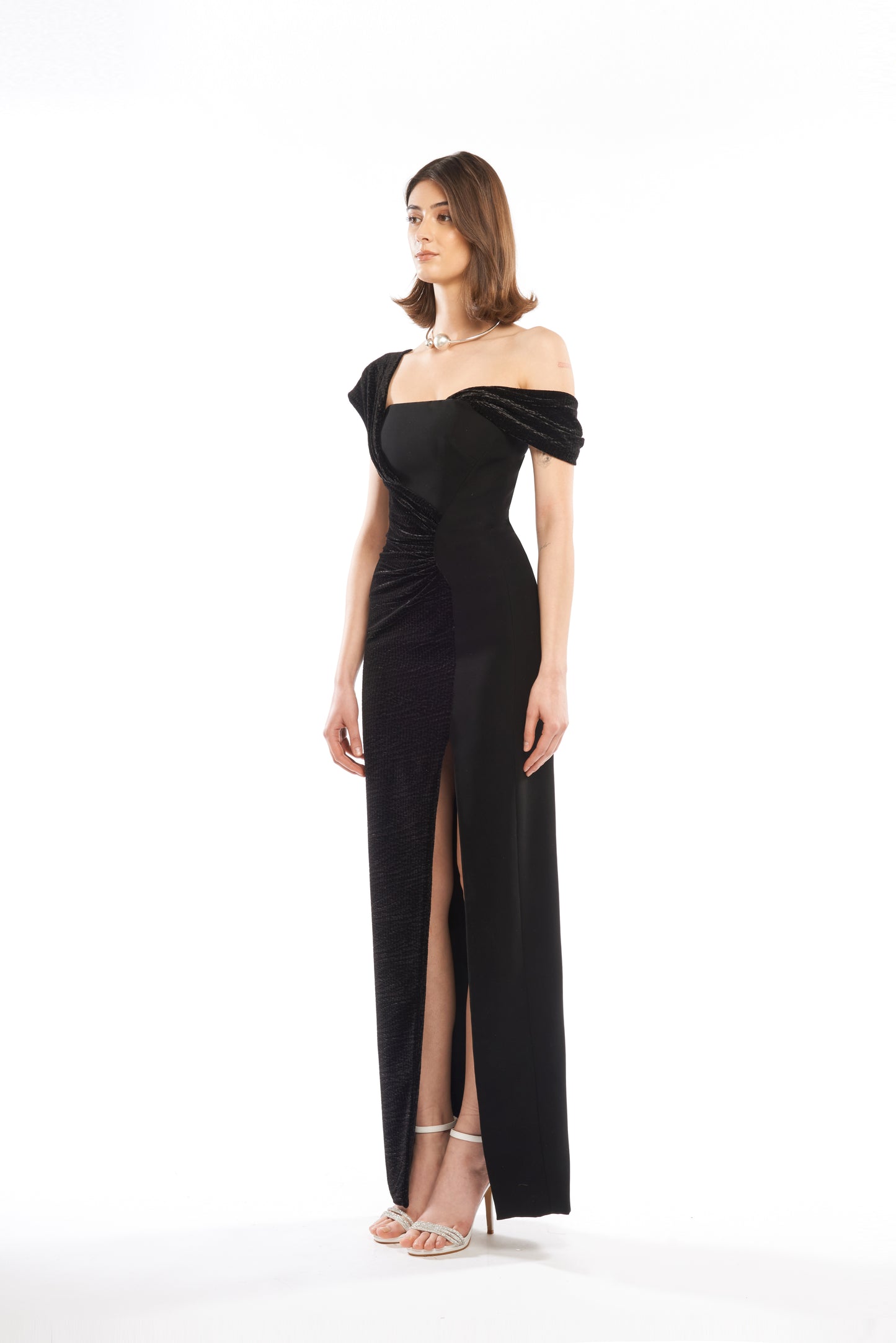 NEW ASYMMETRIC DRAPED COLUMN DRESS