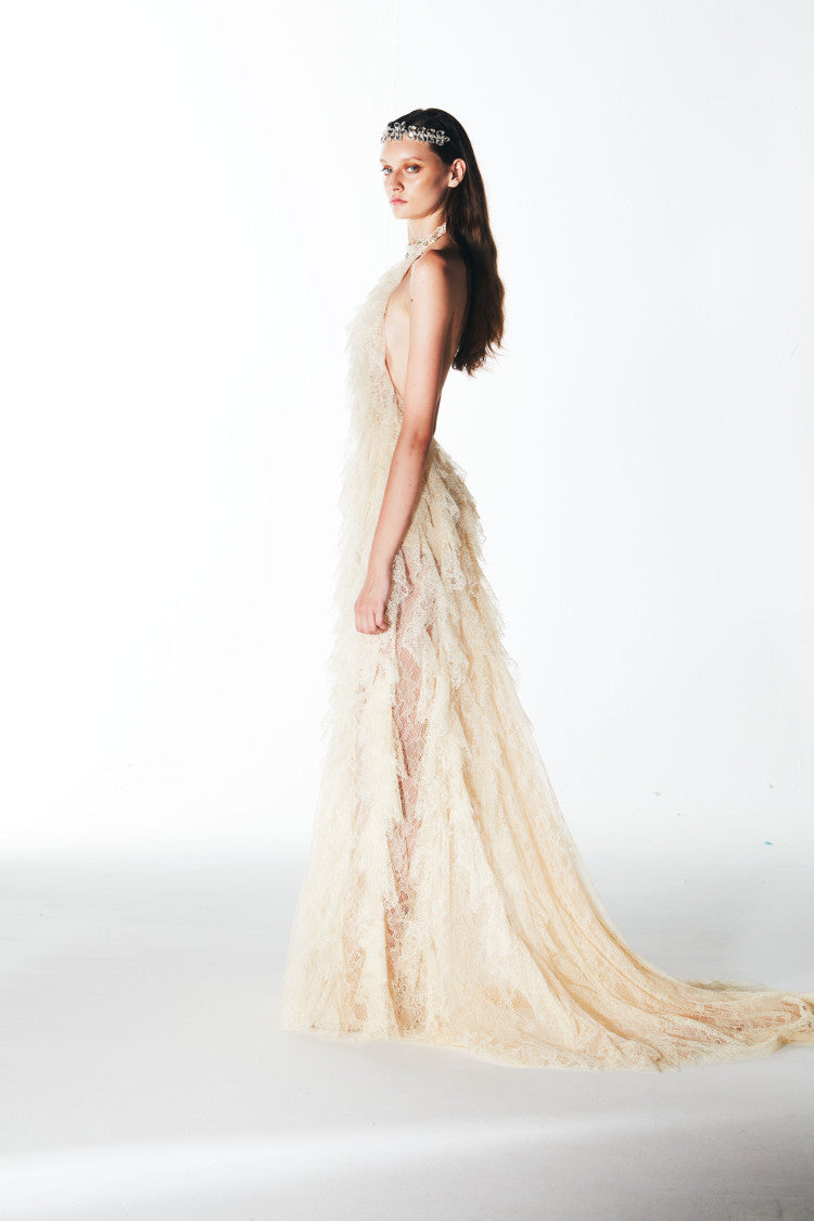 HALTER VERTICAL OPEN BACK RUFFLED MAXI DRESS