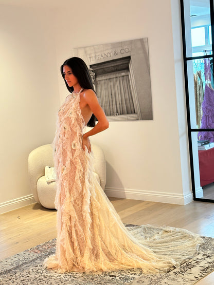 HALTER VERTICAL OPEN BACK RUFFLED MAXI DRESS