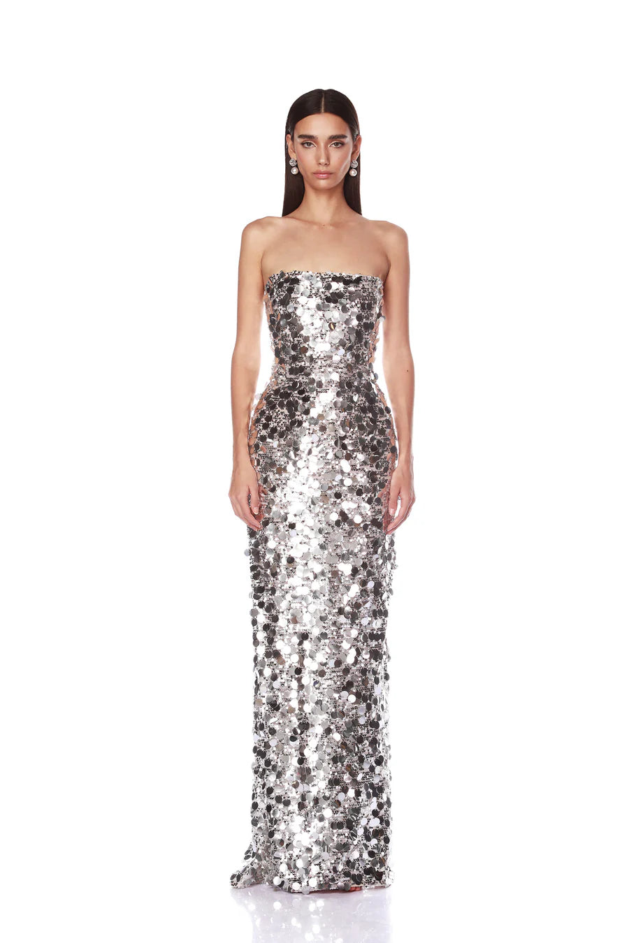 NEW FARAH SILVER STRAPLESS GOWN