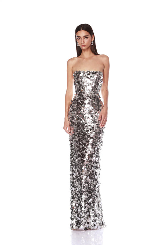 NEW FARAH SILVER STRAPLESS GOWN