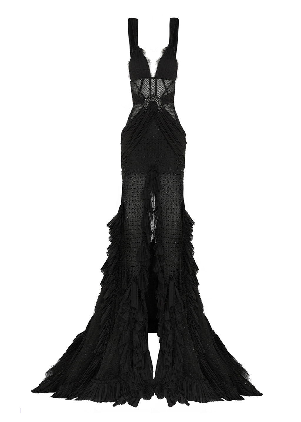 NEW SHEER FABRIC FRONT SLIT DETAILED MAXI DRESS