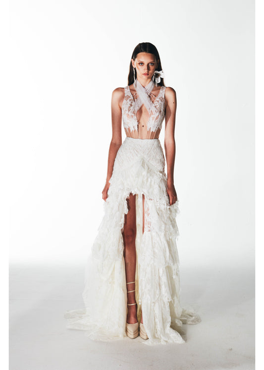 NIEUWE GEDETAILLEERDE MAXI-JURK MET KRUIS HALTERNECK-SLUITING 