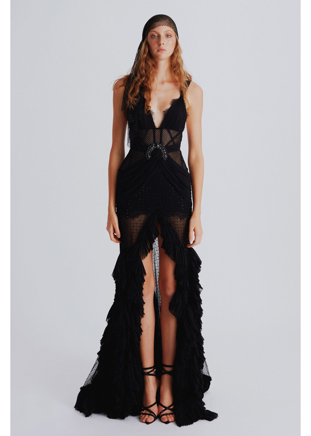 NEW SHEER FABRIC FRONT SLIT DETAILED MAXI DRESS