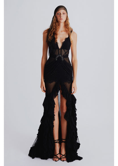 NEW SHEER FABRIC FRONT SLIT DETAILED MAXI DRESS