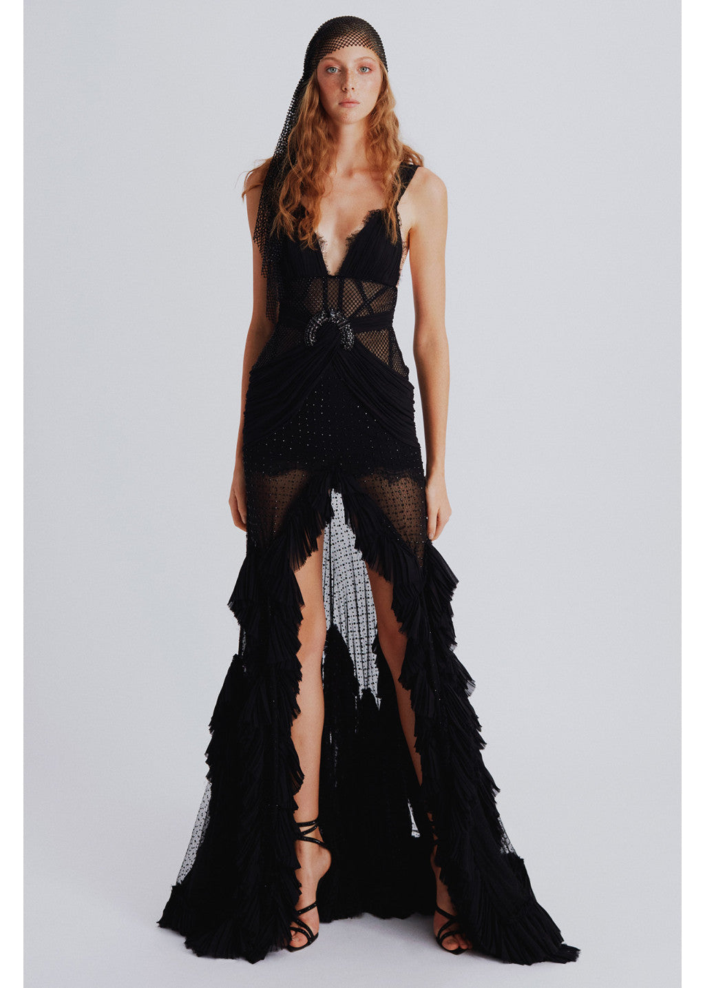 NEW SHEER FABRIC FRONT SLIT DETAILED MAXI DRESS