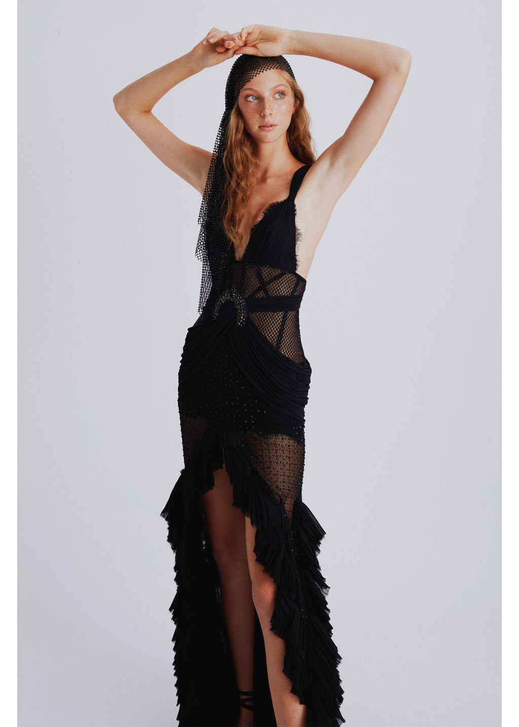 NEW SHEER FABRIC FRONT SLIT DETAILED MAXI DRESS