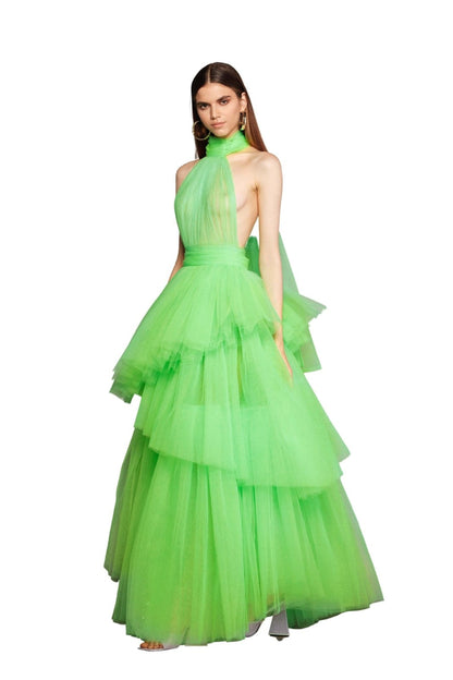 ANNA HALTERNECK NEON MINT TIERED GOWN