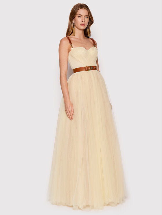 RODE TAPIJT JURK MET LEDEREN DETAILS