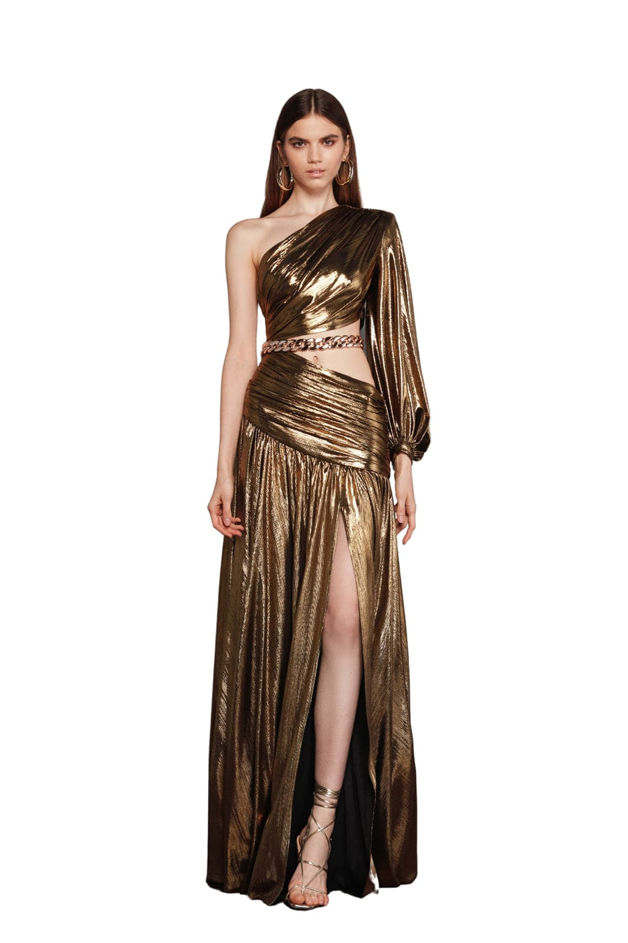 JAFARI ONE SLEEVE GOLD METAL GOWN
