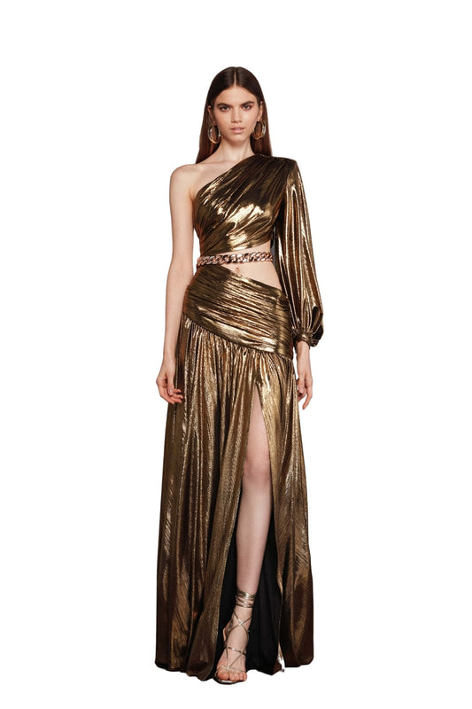 JAFARI ONE SLEEVE GOLD METAL GOWN