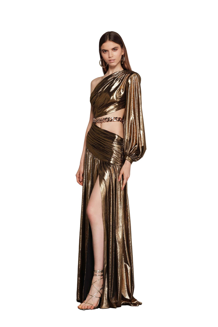 JAFARI ONE SLEEVE GOLD METAL GOWN