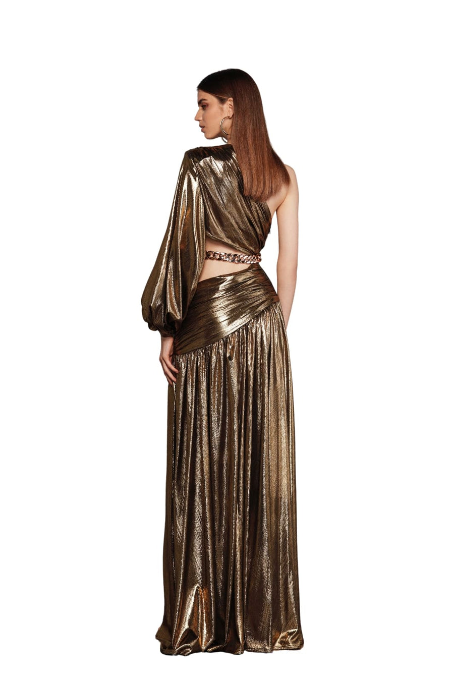 JAFARI ONE SLEEVE GOLD METAL GOWN